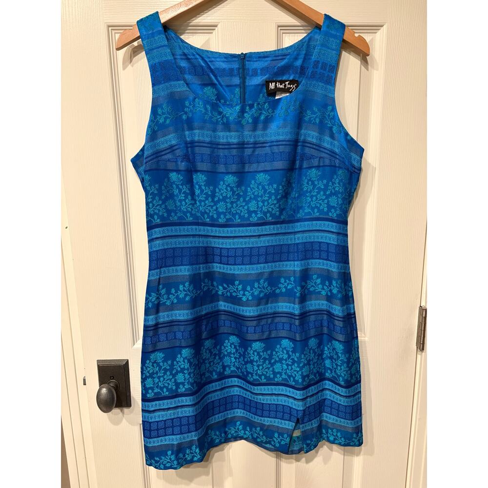 ALL THAT JAZZ Vintage 90s Blue Embroidered Mini Dress Size 12 Jacquard Satin Y2K